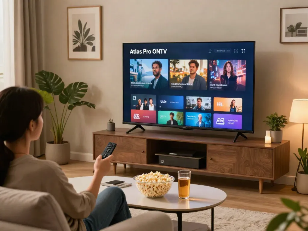 Configuration de divertissement à domicile moderne avec Atlas pro ontv sur un écran.