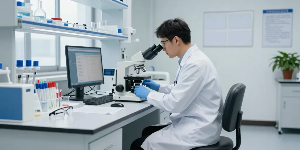 Siège de laboratoire avec repose-pieds réglable adapté à un poste de recherche, offrant confort et ergonomie.