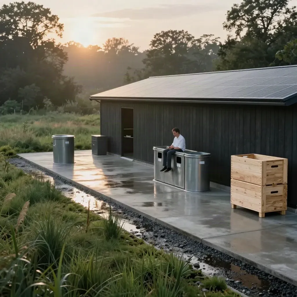 Site écologique avec tri, dépôt solaire, prairie native et noue pluviale après la pluie.