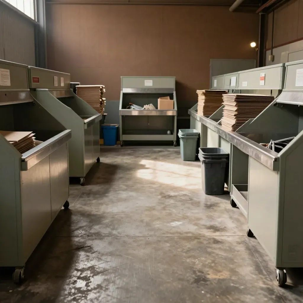Station de tri des déchets sur site, bacs sages, caisses de réemploi et zone de compactage.