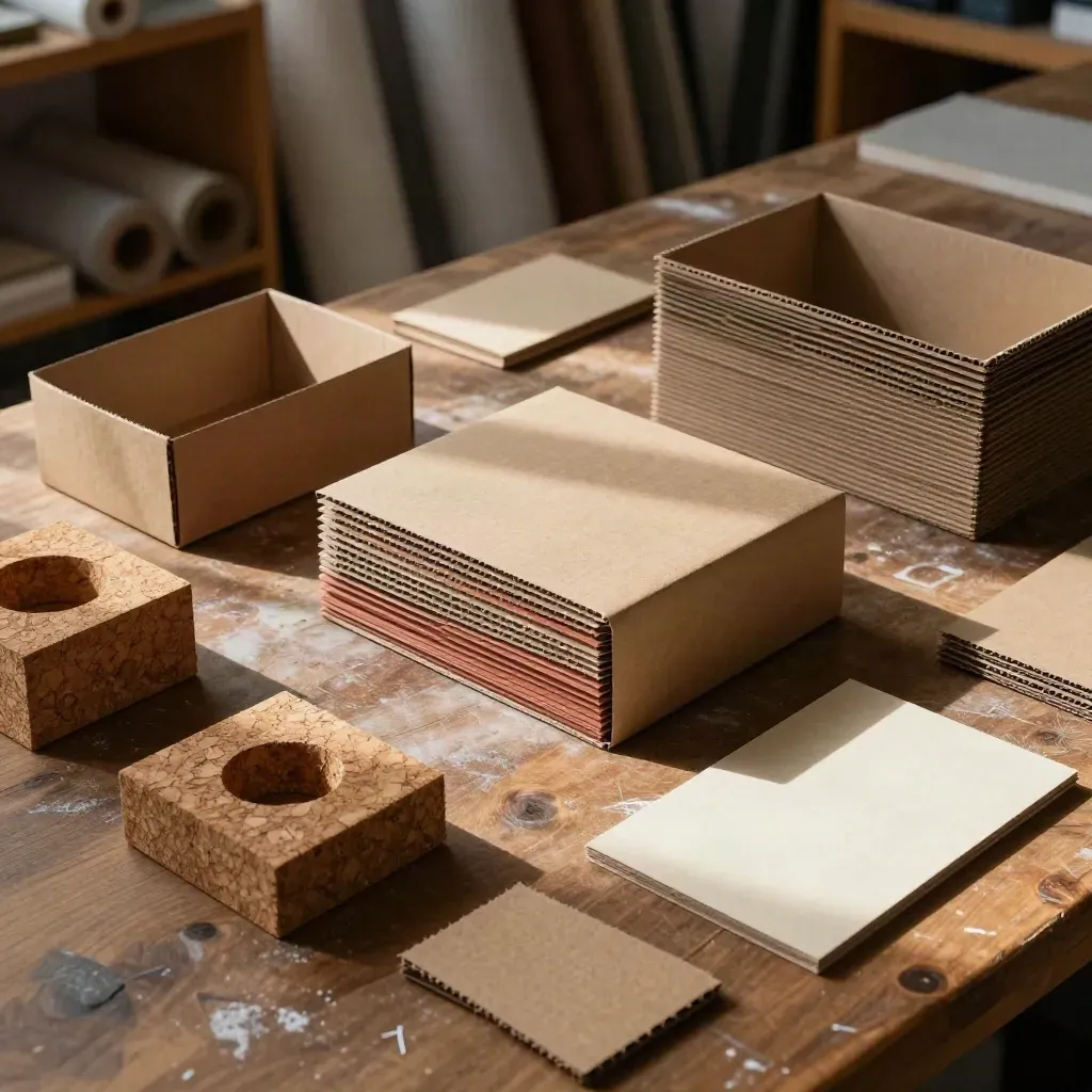 Échantillons de packaging éco-conçu sur un établi d’atelier, textures de carton et liège.