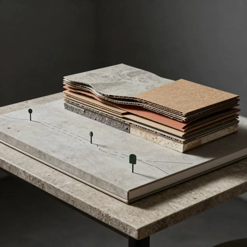 Maquette de site, échantillons et carnet fermé sur table de pierre, lumière dramatique.