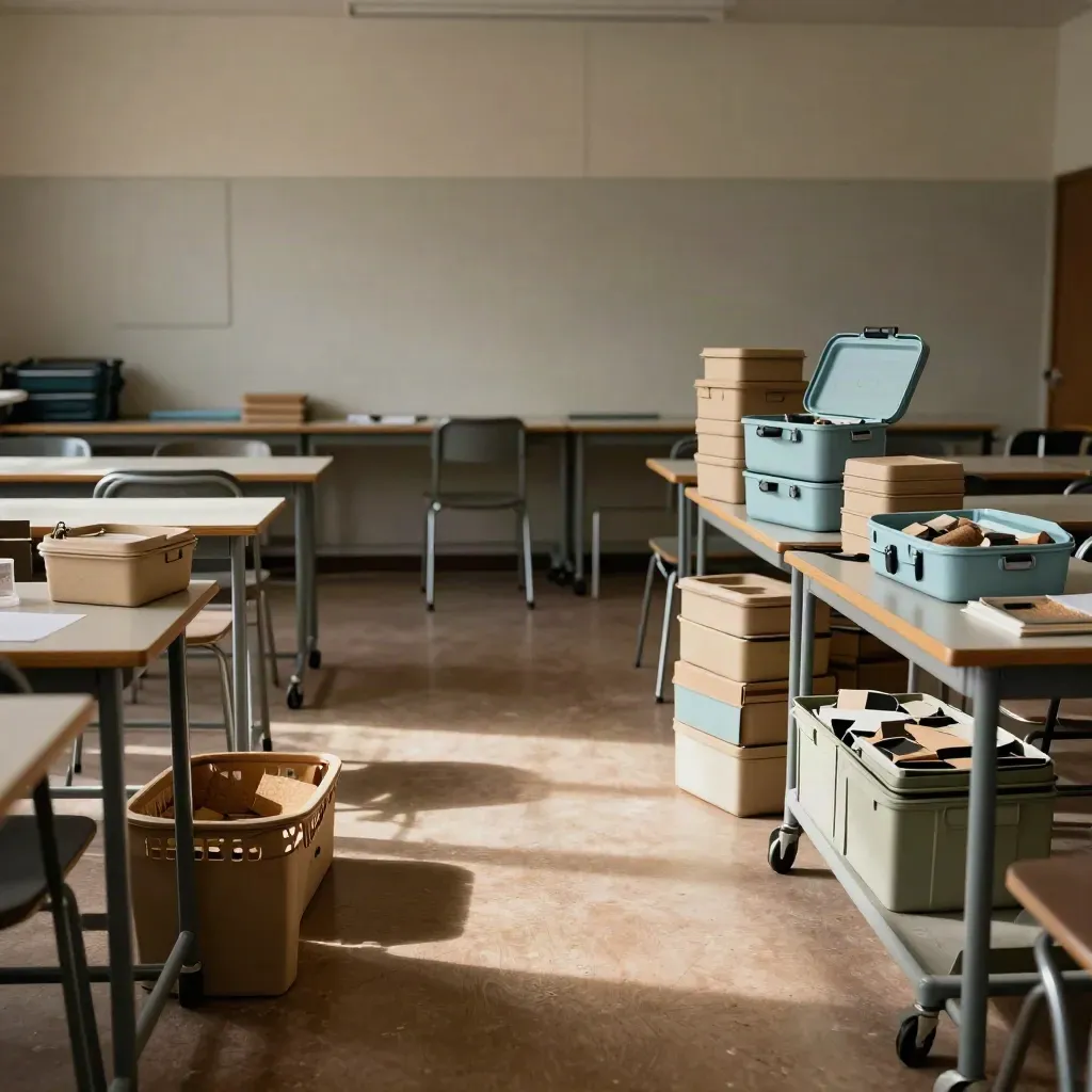 Salle de lycée rangée après une formation écologie, chaises pliantes et kits empilés.