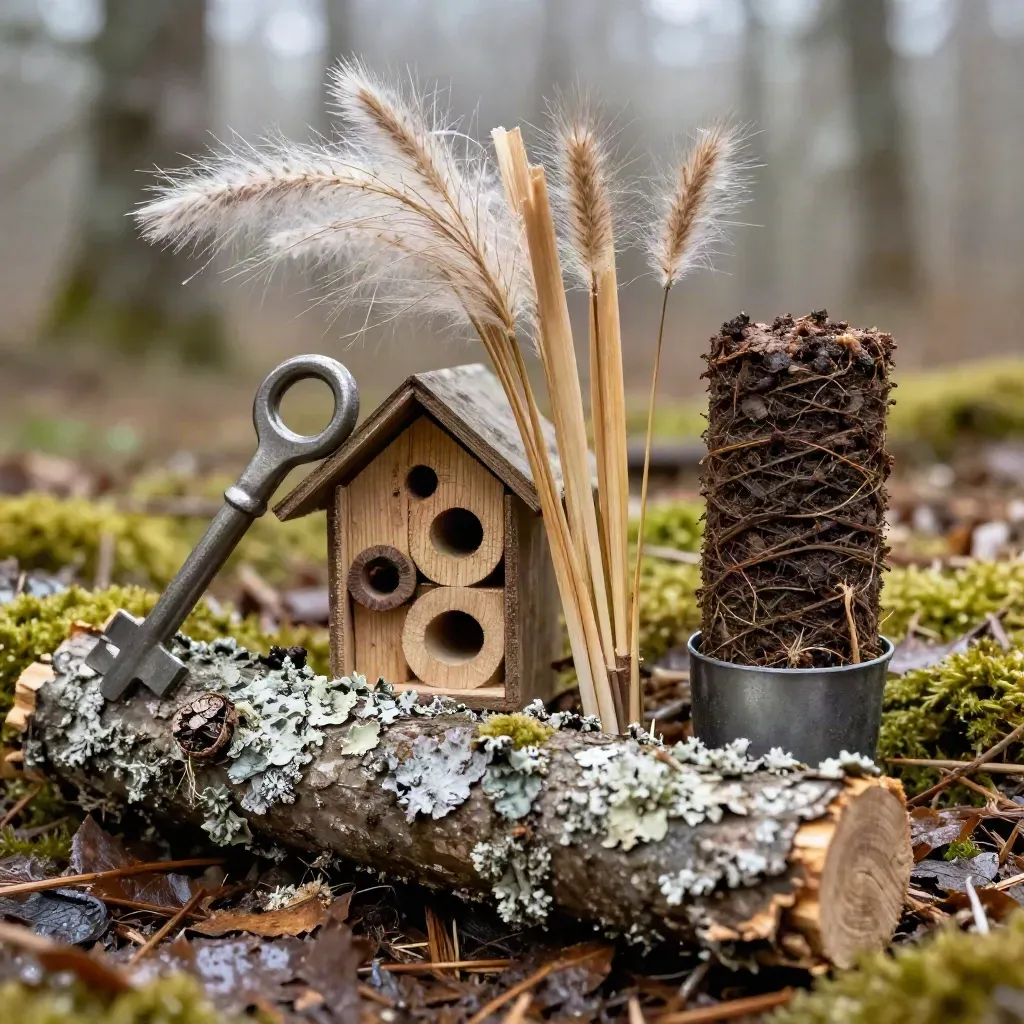 Macro de graines, bois lichénisé, hôtel à insectes et carotte de sol en sous-bois humide.