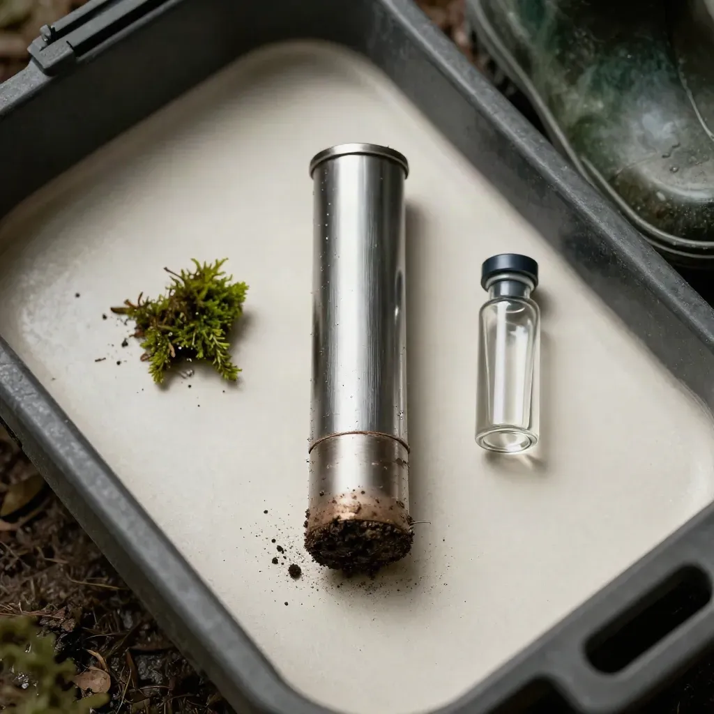 Vue de dessus d’un tube de carotte de sol, flacon scellé, mousse et semelle de botte.