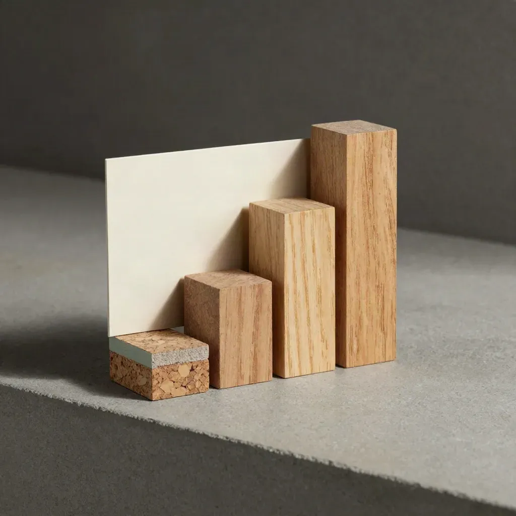 Trois blocs en bois, un carré de liège et une carte pliée sur béton gris, lumière douce.