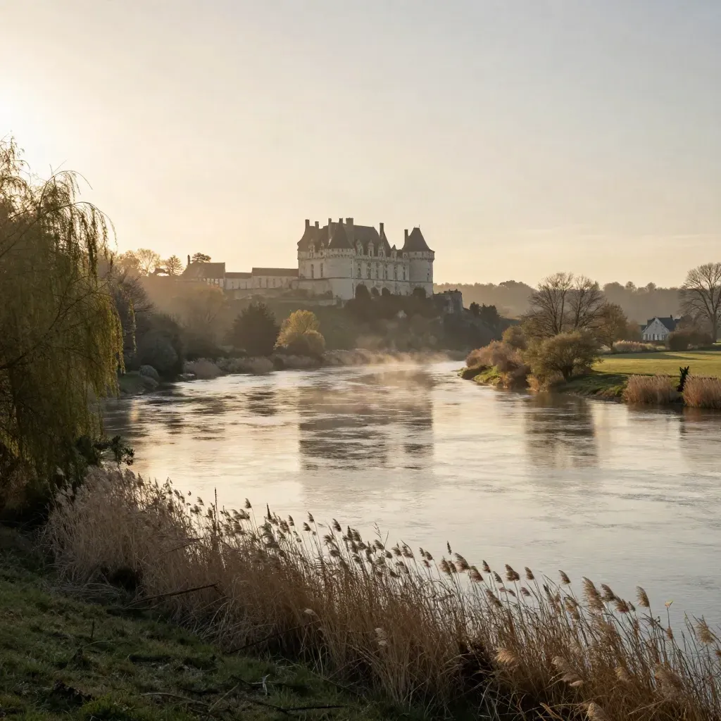 Silhouette de château sur la Loire au coucher du soleil, brume et méandre paisible.