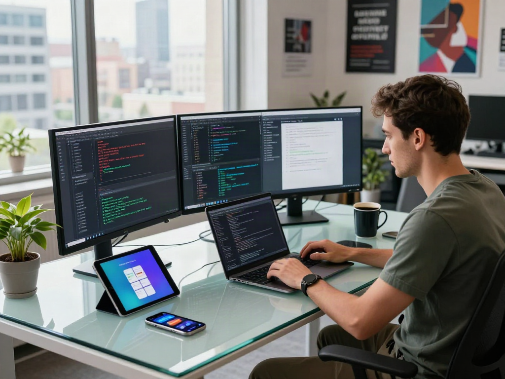 Développeur travaillant sur Atlas pro ontv dans un bureau moderne rempli de technologies.